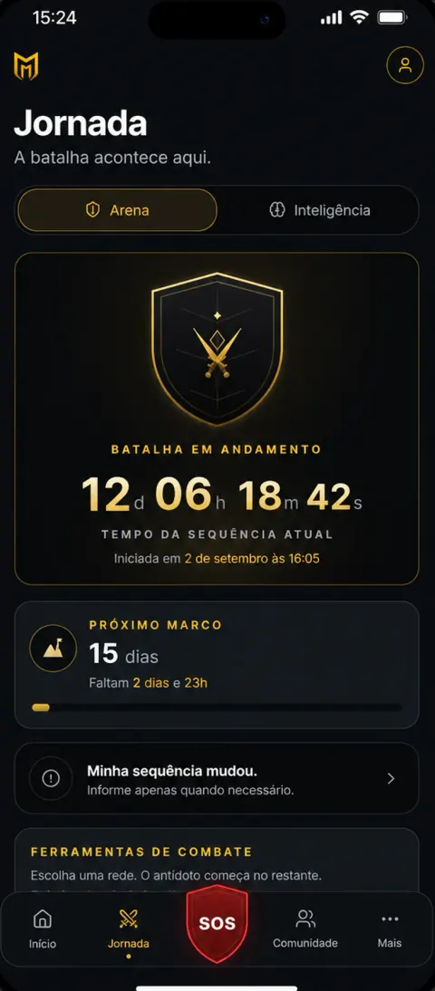 Tela Jornada do aplicativo Modo Honra, com Arena, sequência atual e próximo marco