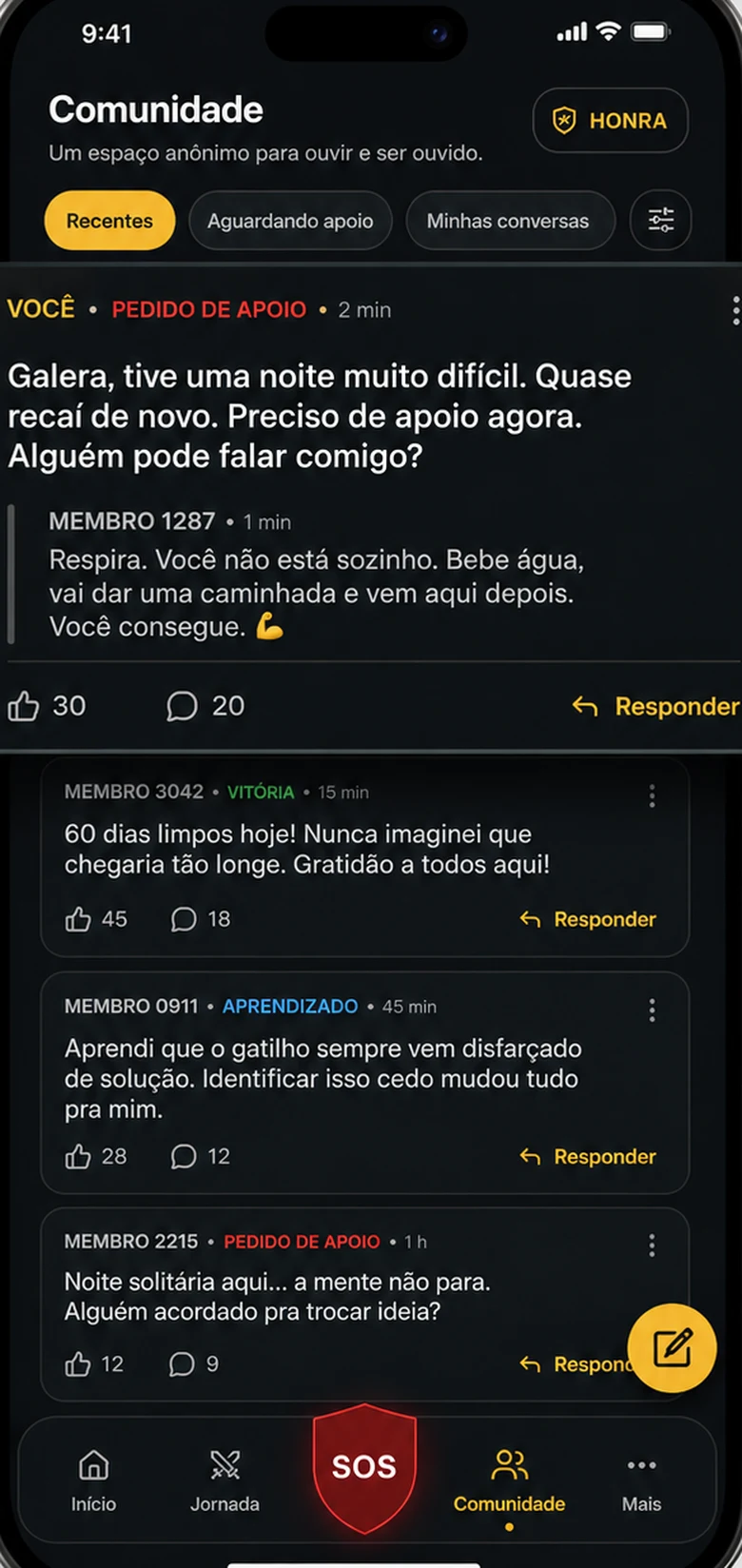 Tela Comunidade do aplicativo Modo Honra